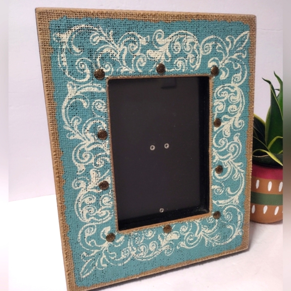 Decorative Burlap Wooden Photo Frame Studded Picture Frame Sit Or Hung 12"
